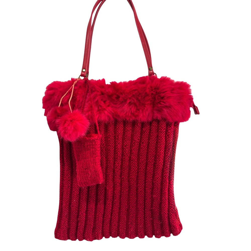 Murval Red Knit Shoulder Bag with Faux Fur Trim Y2K  holiday vibe